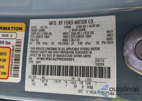 2023 Ford Bronco Sport Outer Banks z USA, uszkodzony, nr VIN 3FMCR9C62PRD65003